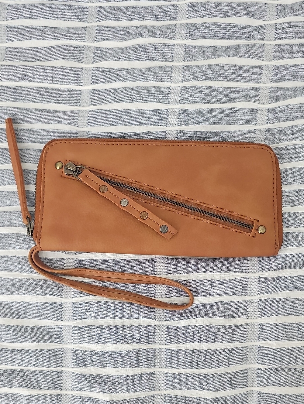 Free People Cognac Brown Distressed Stud Detail Wristlet Continental Wallet NWOT
